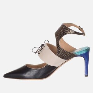 SALVATORE FERRAGAMO Black, Cream & Blue Leather/Snakeskin Slingback Heels, 9.5
